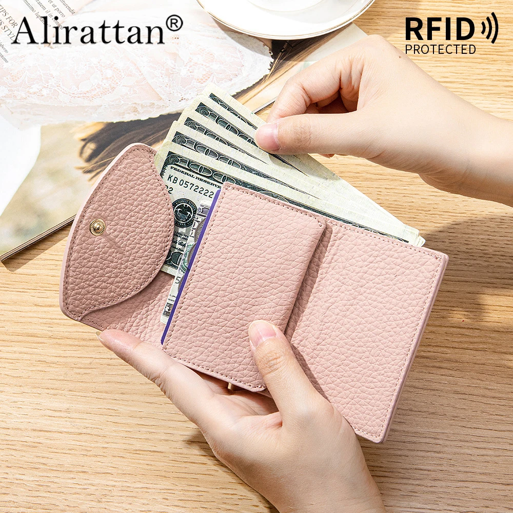 Alirattan 2026 New Short Wallet Women's Cowhide High-End Portable Folding Coin Purse Fashionable Buckle Small Wallet