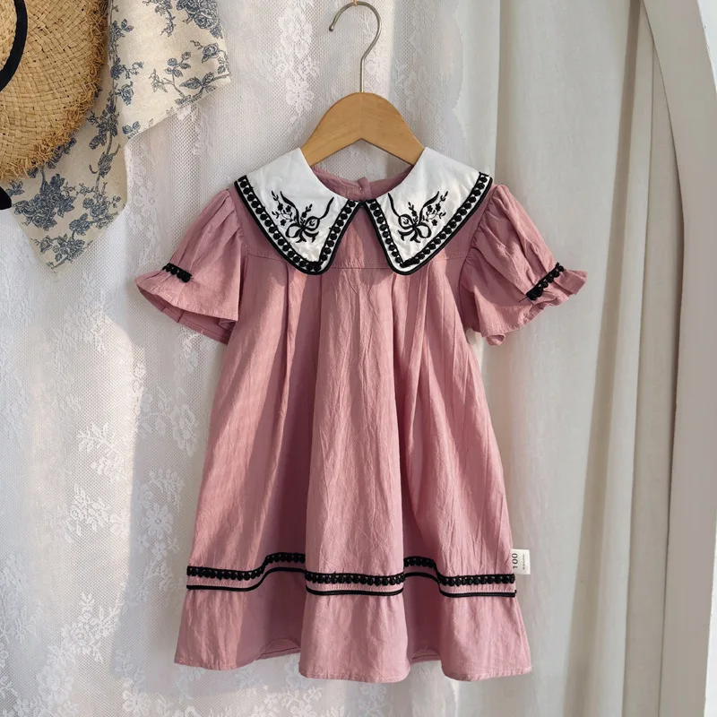 Summer New Doll Neck French Embroidery Girls' Dress Lace Bubble Short Sleeve Princess Children's Dresses Kids Dresses for Girls