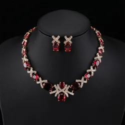 Luxury Crystal Wedding Bridal Necklace Earrings Set Red, Blue Green Color  Big Zirconia Jewelry Gift Set For Women Party CN11004