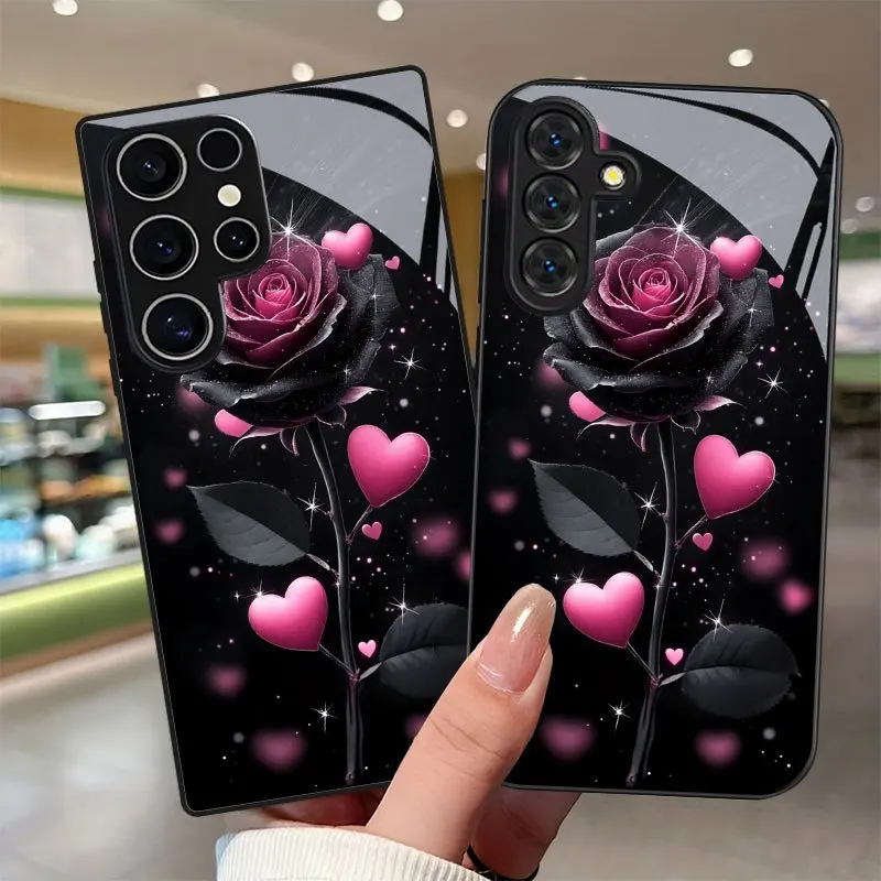 Rose & Heart Design Tempered Glass Phone Case For Samsung Galaxy S26/25/24/24/23/22 FE PLUS Edge Ultra 5G A52 Lens protection