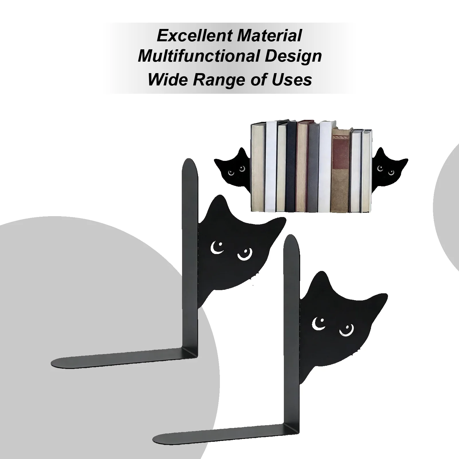 1 Pair Black Cat Metal Book Stand Non-Slip Peeping Cat Bookend Bookshelf Decor Metal Book Divider For Home Office Kids Adults