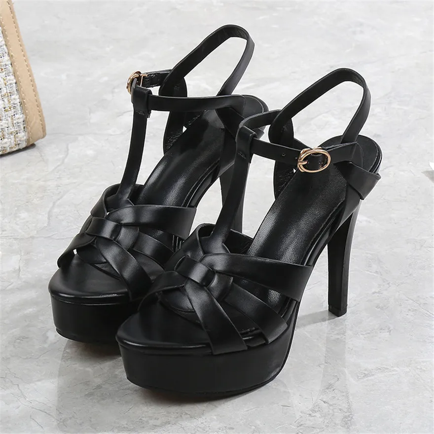 2024 Summer Sexy Soft Leather Platform Sandals Women High Heels T-Buckle Party Pumps Black Stiletto Open Toe Ladies Dress Shoes