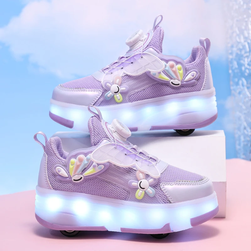 Children's Breathable Mesh USB Led Light Roller Skate Shoes 4-Wheels Sneakers Kids Shoes Light Up Sport Flower Shoes Boys Girls