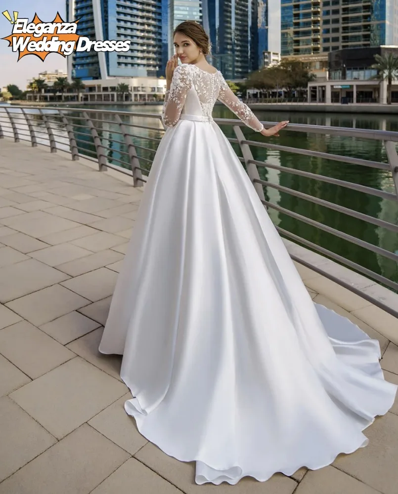 فساتين زفاف مخصصة دانتيل كم طويل ساتان فستان عروس مع حزام نسائي أنيق رداء حفلات الزفاف Vestidos De Novia 2025