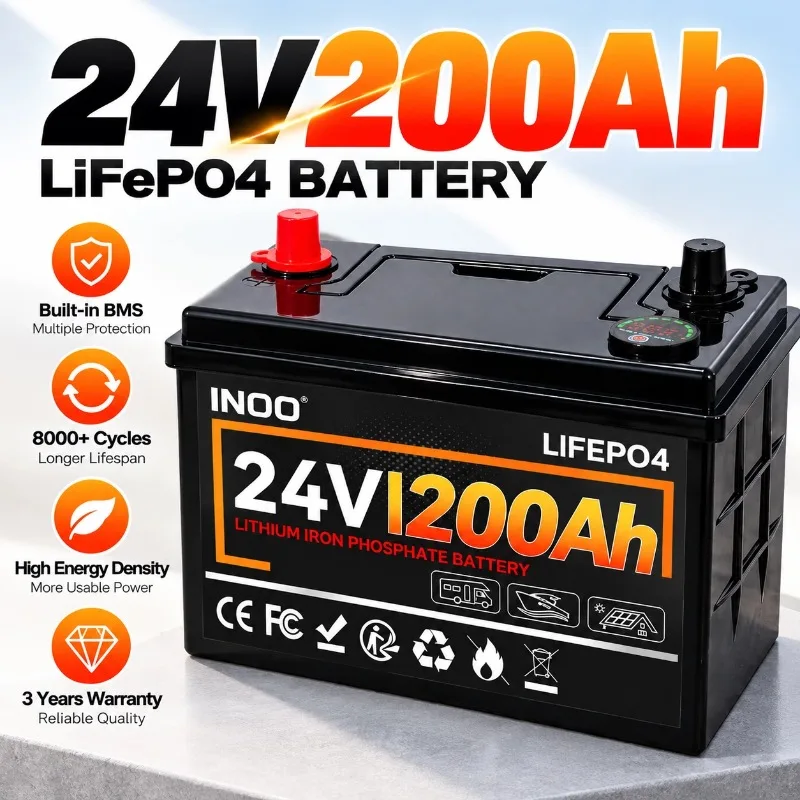 24V 200Ah LiFePO4 Lithium Battery 6000+ Cycles Deep Cycle Rechargeable Power Supply with BMS for Solar RV Marine Off Grid