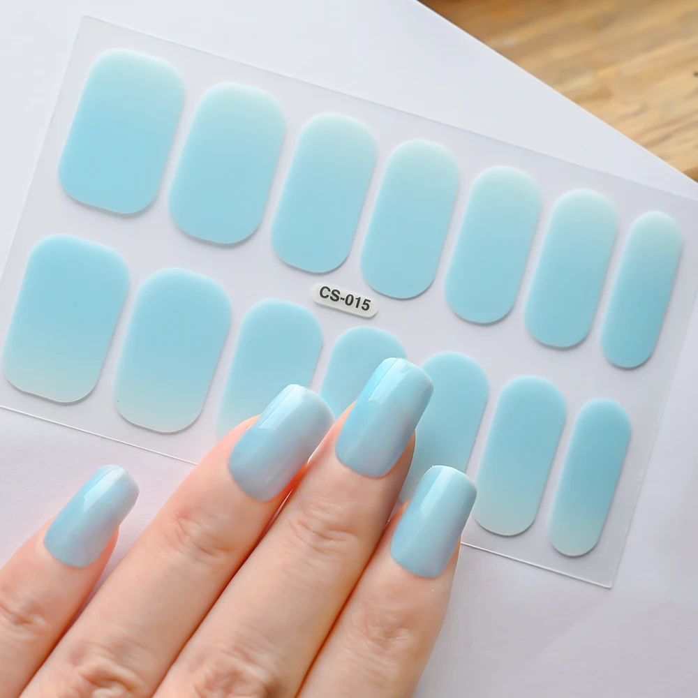 14tips Green Gradient Nail Stickers Gel Nail Strips Long-Lasting Solid Color Full Nail Wraps Self-Adhesive Slider Manicure Decor