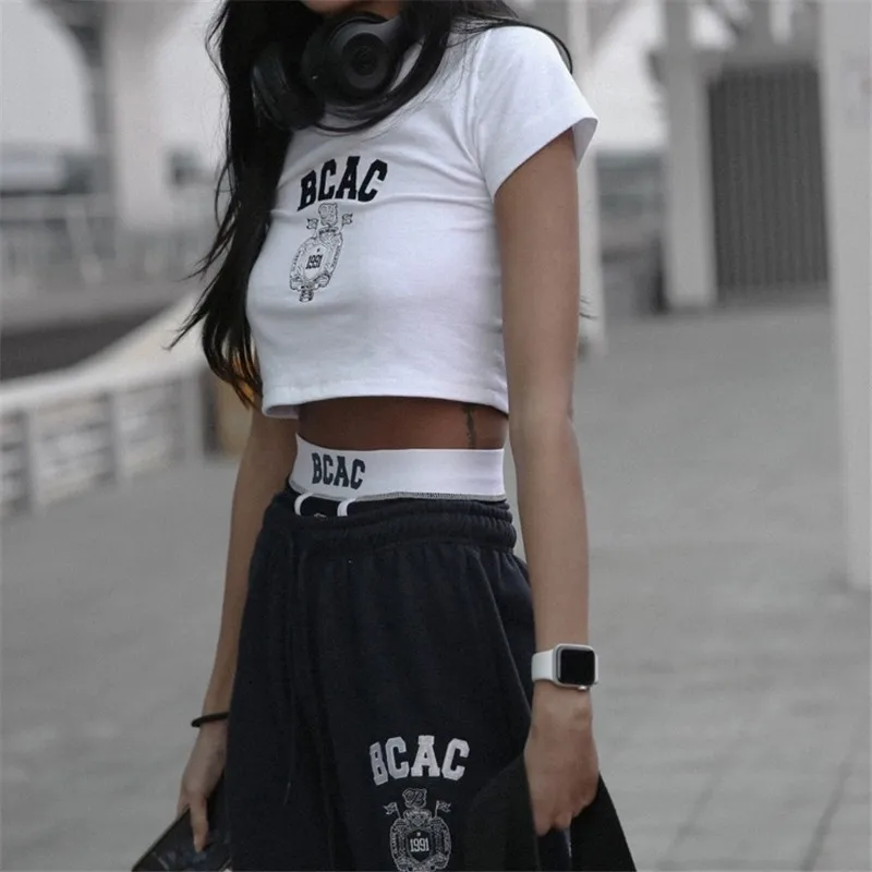 

ort Sve Embroidered T-irt American Sle Hot Girl Belly Button Summer Casual Sports Top Women's Faion Commute Sle ...