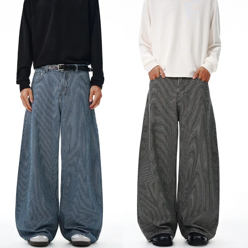 

Осенние мужские полосатые джинсы в американском ретро-студенческом стиле, модные свободные широкие брюки Scimitar, нейтральные мешковатые брюки для пар