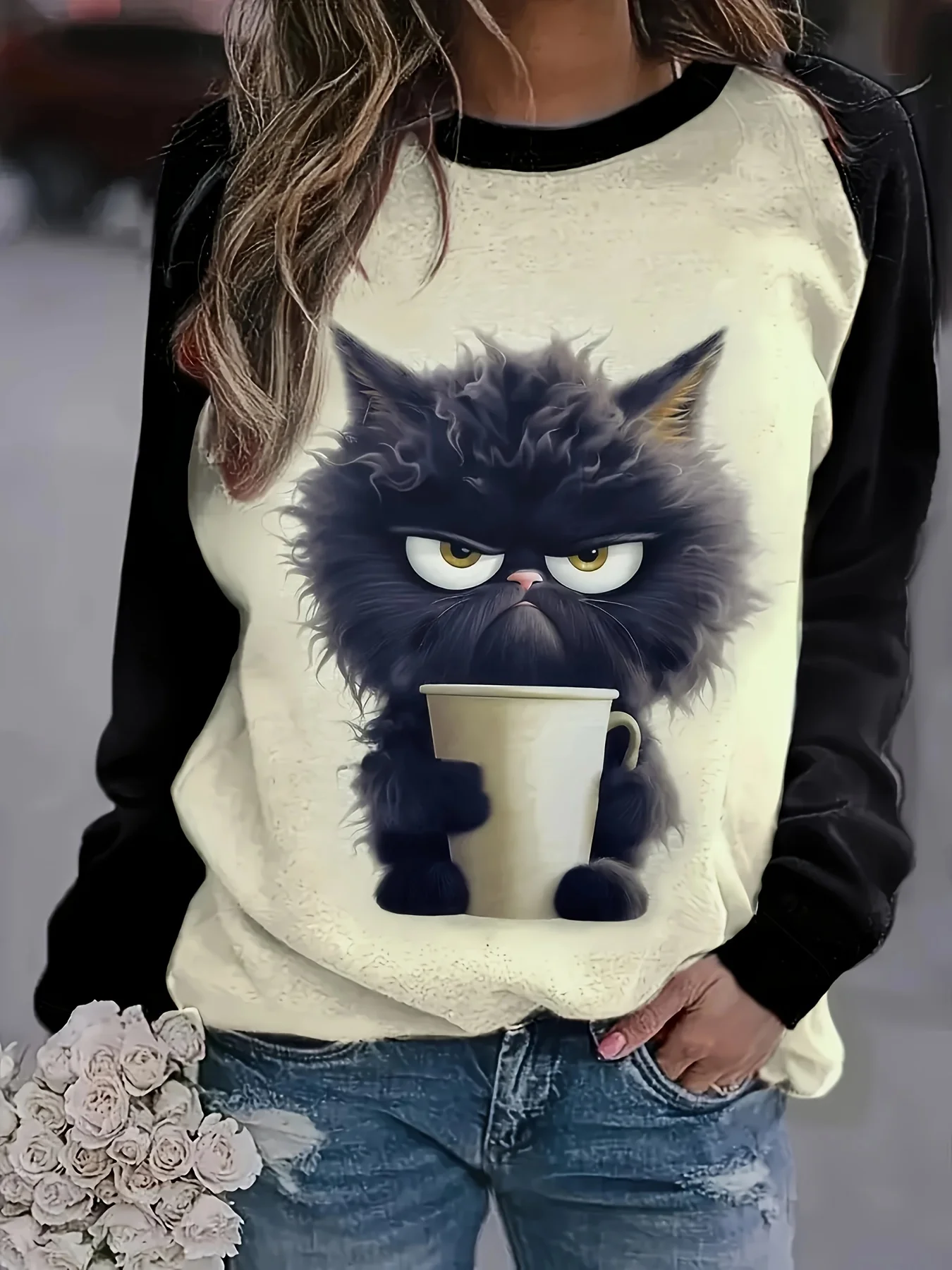 Whimsical Cat Print Pullover Sweatshirt - Soft Mid-Elasticity Polyester Knit FabricCasual Crew Neck Long Sleeve Design