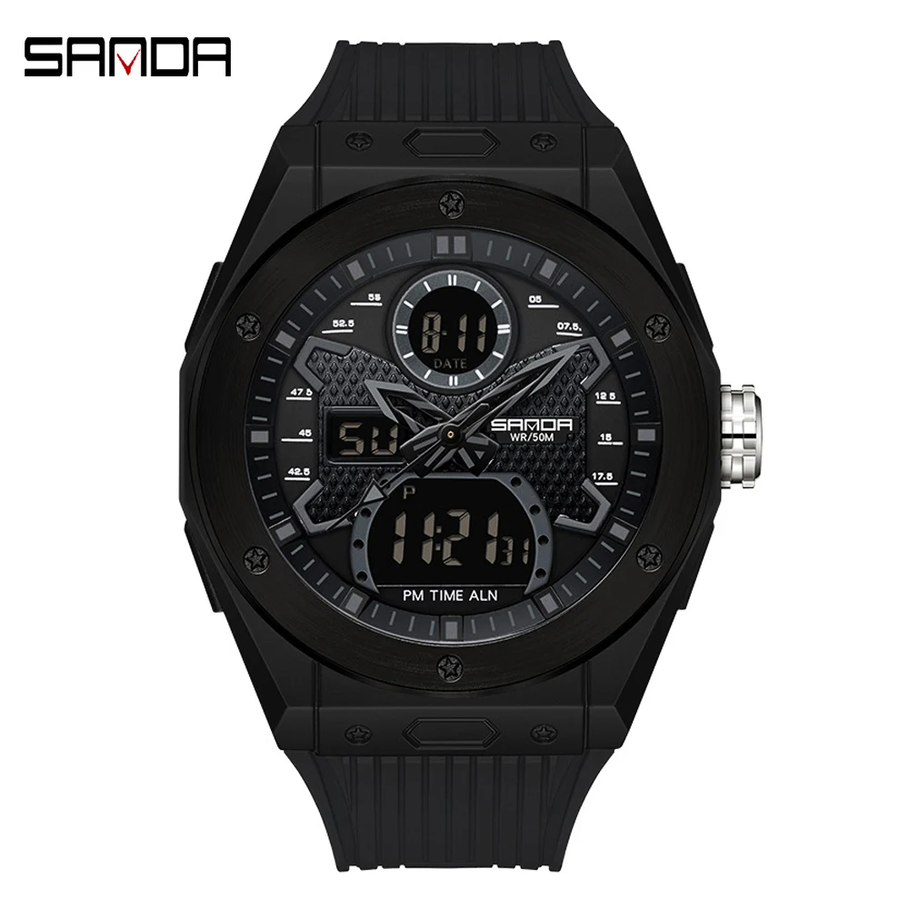 SANDA Fashion Sports Men Digital Watch Dual Time Pedometer Alarm Clock Waterproof Wristwatch Week Display Calendar Male Clock