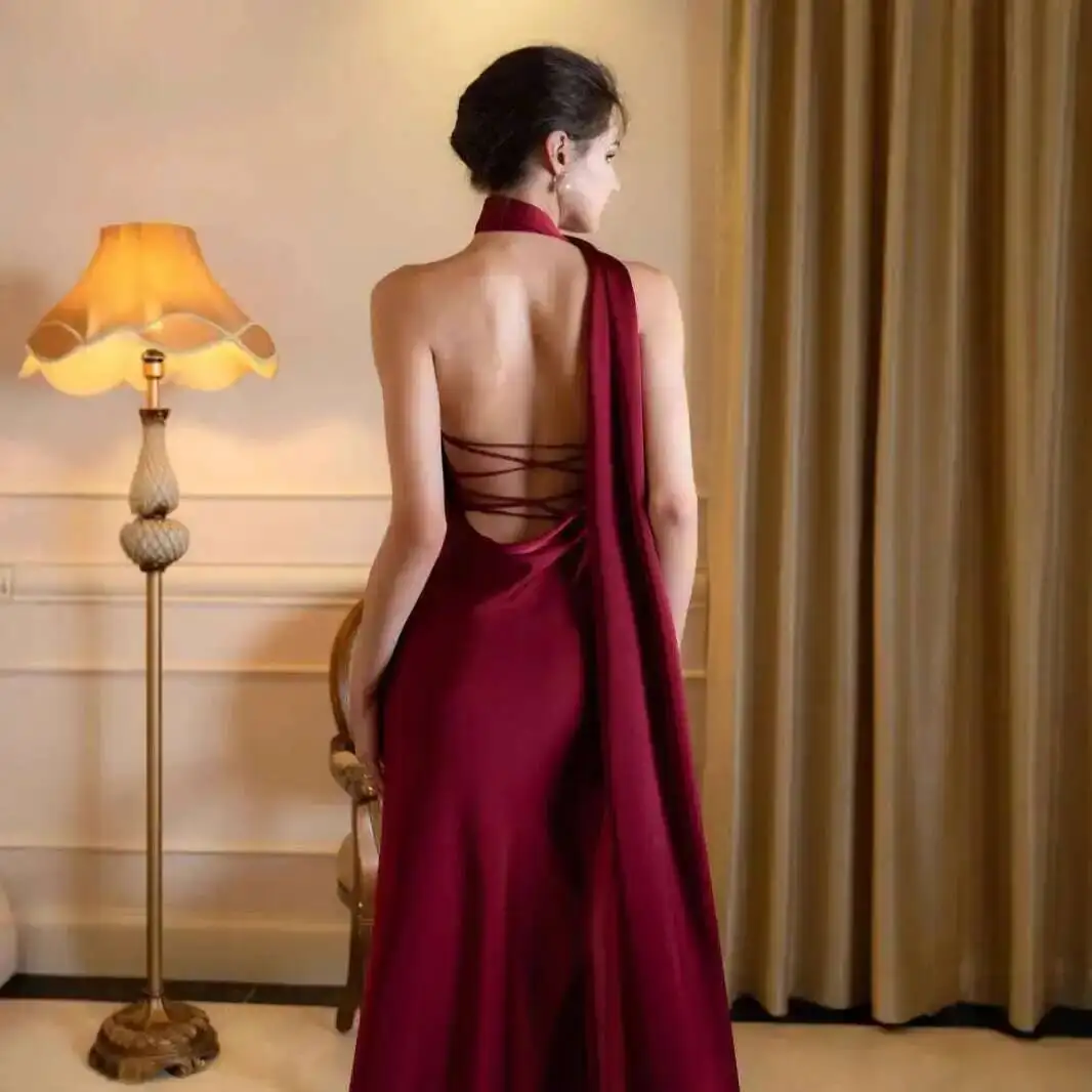 

High-end 2026 French Style Toast Dress Sexy Backless Satin Halter Neck Evening Gown Party Summer Dresses Robe Vestido Women New