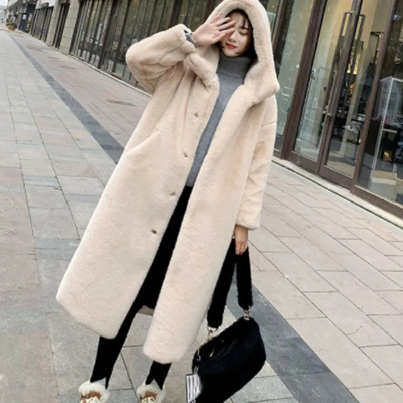

Imitation Rex Rabbit Fur Women Fox Fur Coat Winter Warm Hooded Fur Coat Faux Temperament Elegance Women for Coat