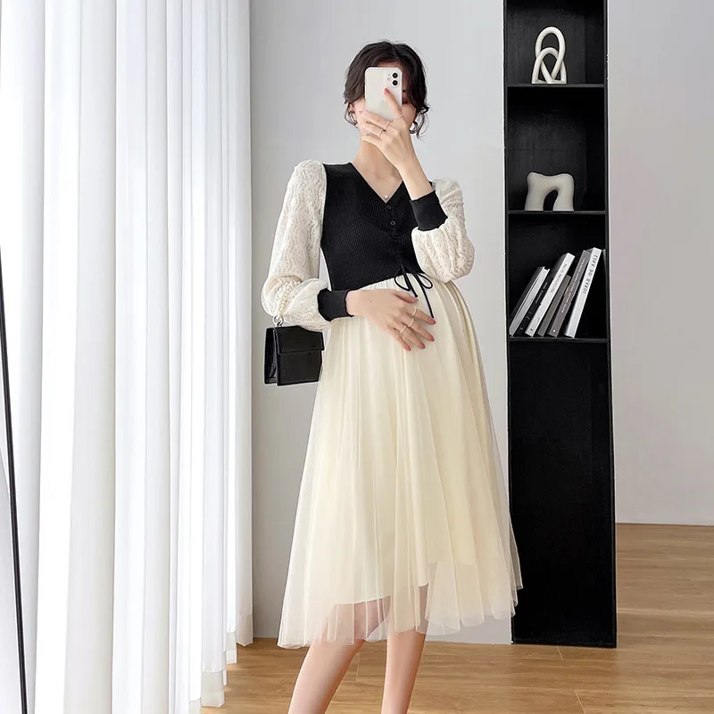 Maternity Dress Autumn Sweet Lace Sleeve Stitching Hem Gauze Skirt Plus Size All-match Pregnancy Clothes Korean Style New 2022