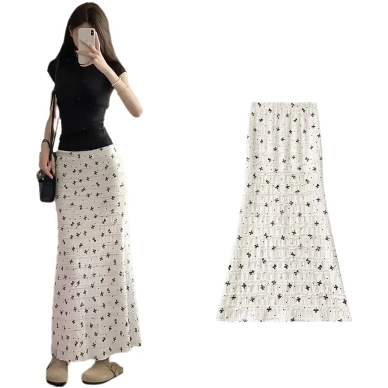 White Lace Half Skirt Women's Spring Summer New Small Size Floor Length Bodycon Skirt Butterfly Knot Floral Fish Tail Skirt