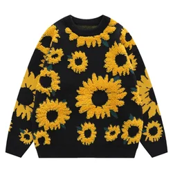 Couples Loose Knit Sweater Round Neck Oversize Casual Chrysanthemum Print Sweater Men's Street Harajuku Fashion Jumper Autumn