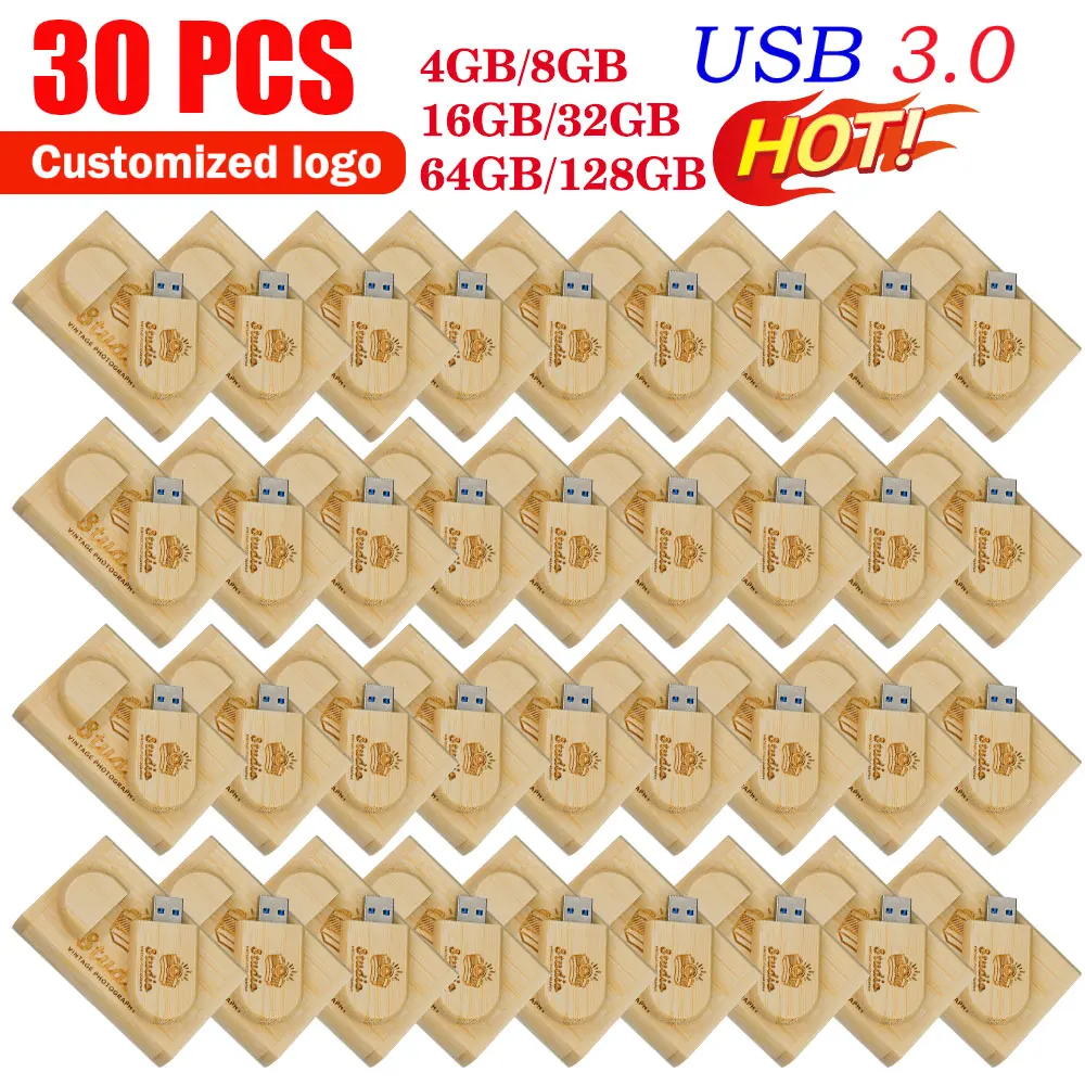 30PCS/Lot Wooden USB 3.0 Flash Drives 128GB Free Custom Logo Memory Stick 64GB Red Wood Creative Gift Pen Drive 32GB