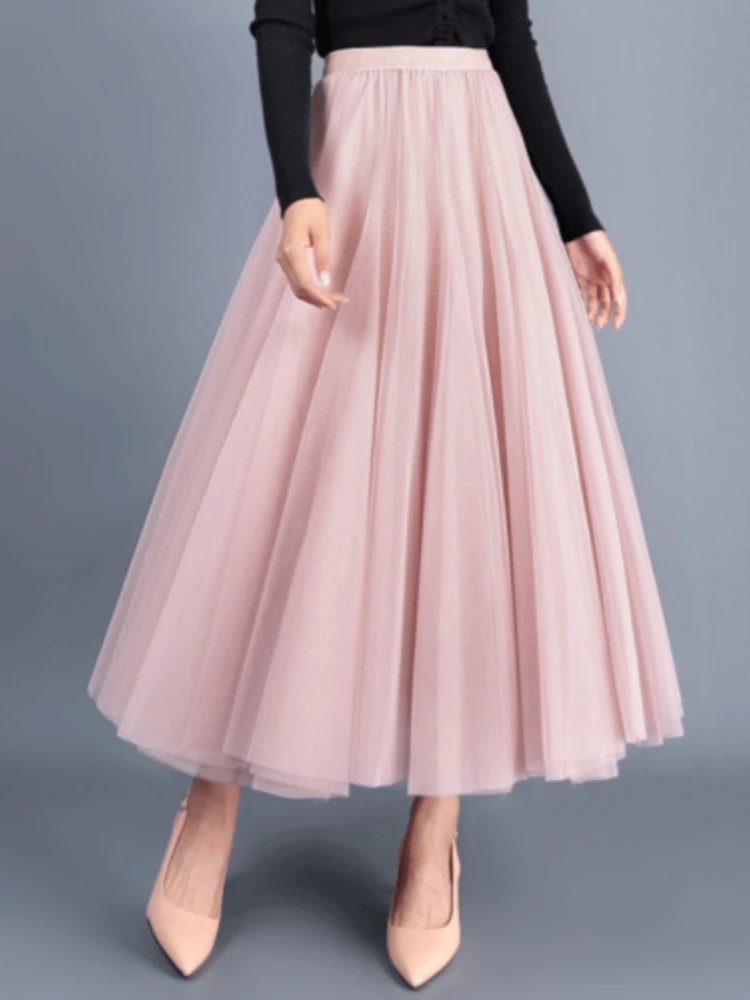 2024 Spring summer Autumn Tulle Skirt Gray Brown Beige Pink Black Long Skirts Womens Elegant Maxi Skirt