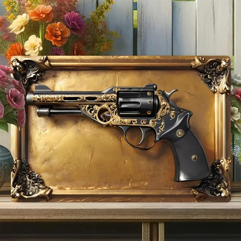 Vintage Metal Tin Sign, Black Gold Engraved Revolver Ornate Retro Frame Home Bar Wall Decor Plaque