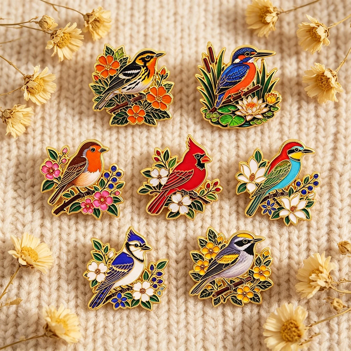 7-teiliges Set Garten-Vögel Emaille-Pin Lebendiger Kardinal Eisvogel Brosche Anstecknadeln Abzeichen für Rucksack Accessoires Schmuck Geschenke – Detail 2