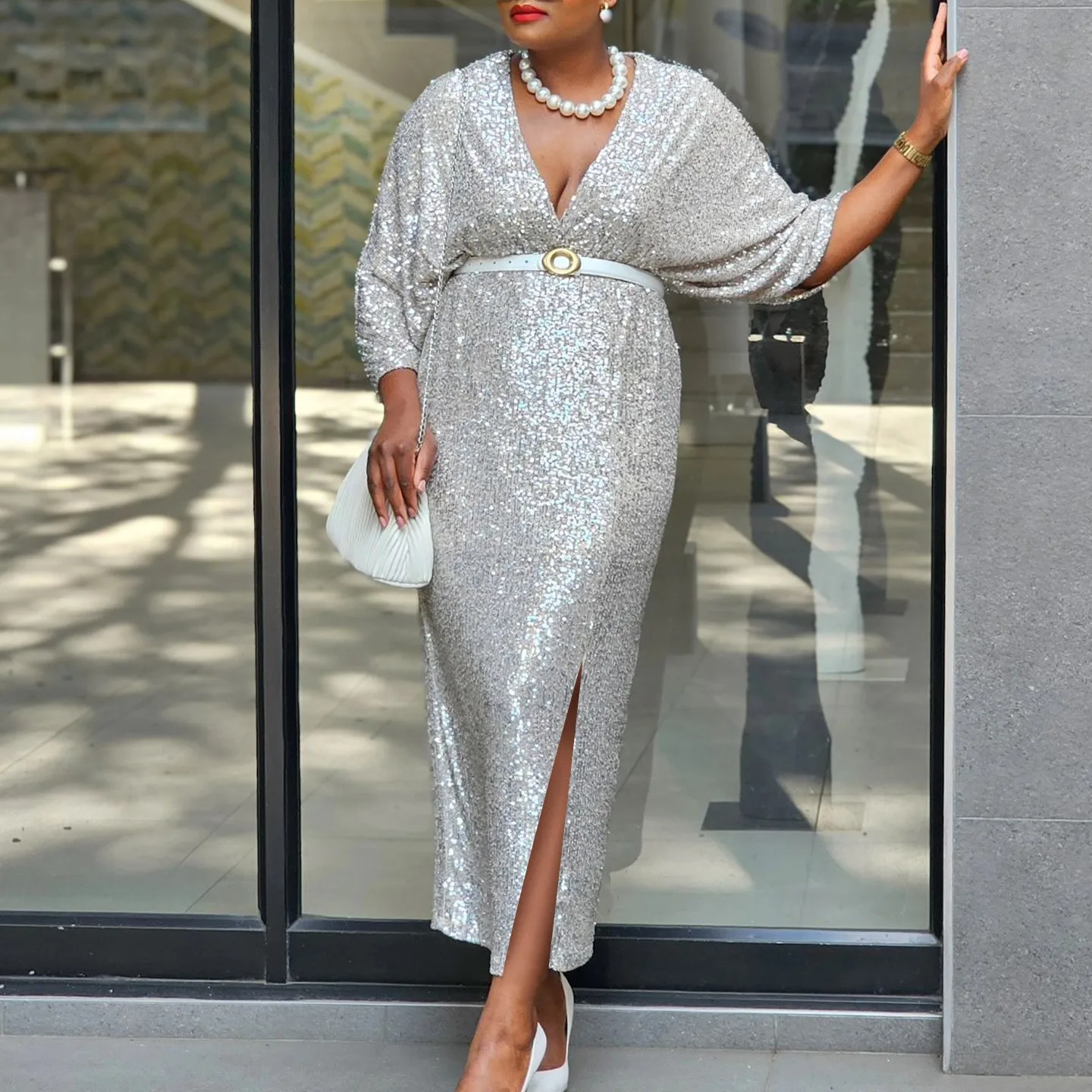 Belt V Neck Belt Bodycon Elegant and Refined with Autumn Long Dress Refined Commuter Puff Sleeves Bodycon Skirt Daily for Women