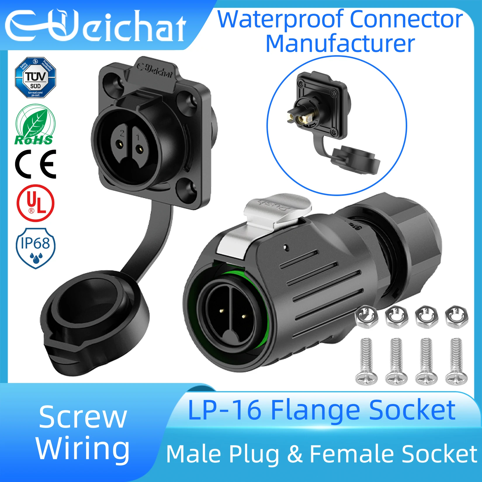 

EW-LP16 Solderless Adapter 2 3 4 5 Pin IP68 Quick Self-Locking Screw Connection Waterproof Power Connector M16 Welding free