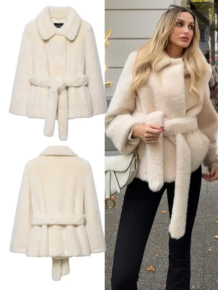 

HH 2025 женские зимние бежевые пальто с эффектом искусственного меха и поясом, модные короткие куртки на шнуровке с длинными рукавами и лацканами, женская верхняя одежда