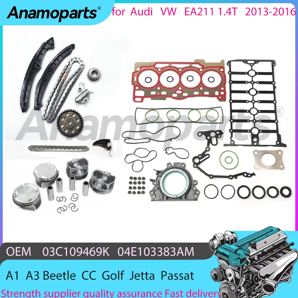 For Audi A1 A3 VW Beetle Golf Jetta Passat Polo 1.4T EA211 Overhaul Rebuild Timing Chain Piston Kit 04E103383AM for 13-16 Models