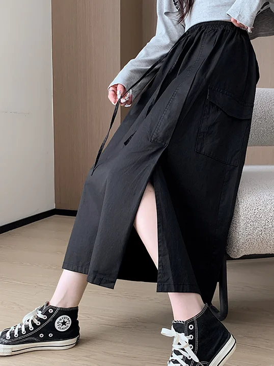 Falda midi informal de cintura alta con cordón, verde militar, estilo workwear, línea A, con bolsillos, abertura lateral, talla grande para mujer