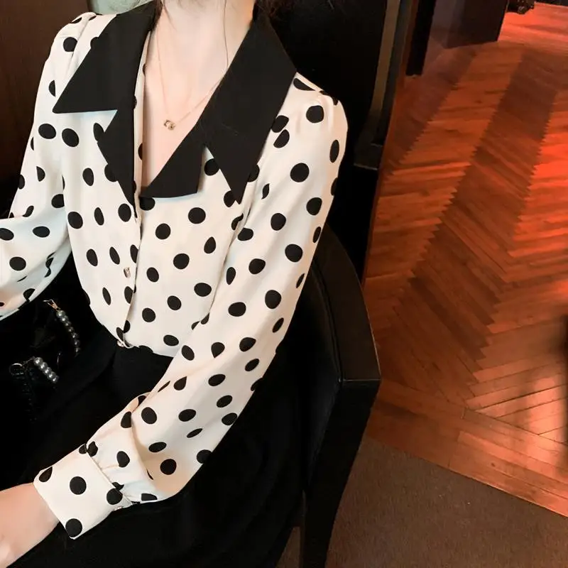 Spring Autumn New Polka Dot Long Sleeves Chiffon Shirt for Women\'s Fashion Tailored Collar Simplicity Commuting Trendy Shirt Top