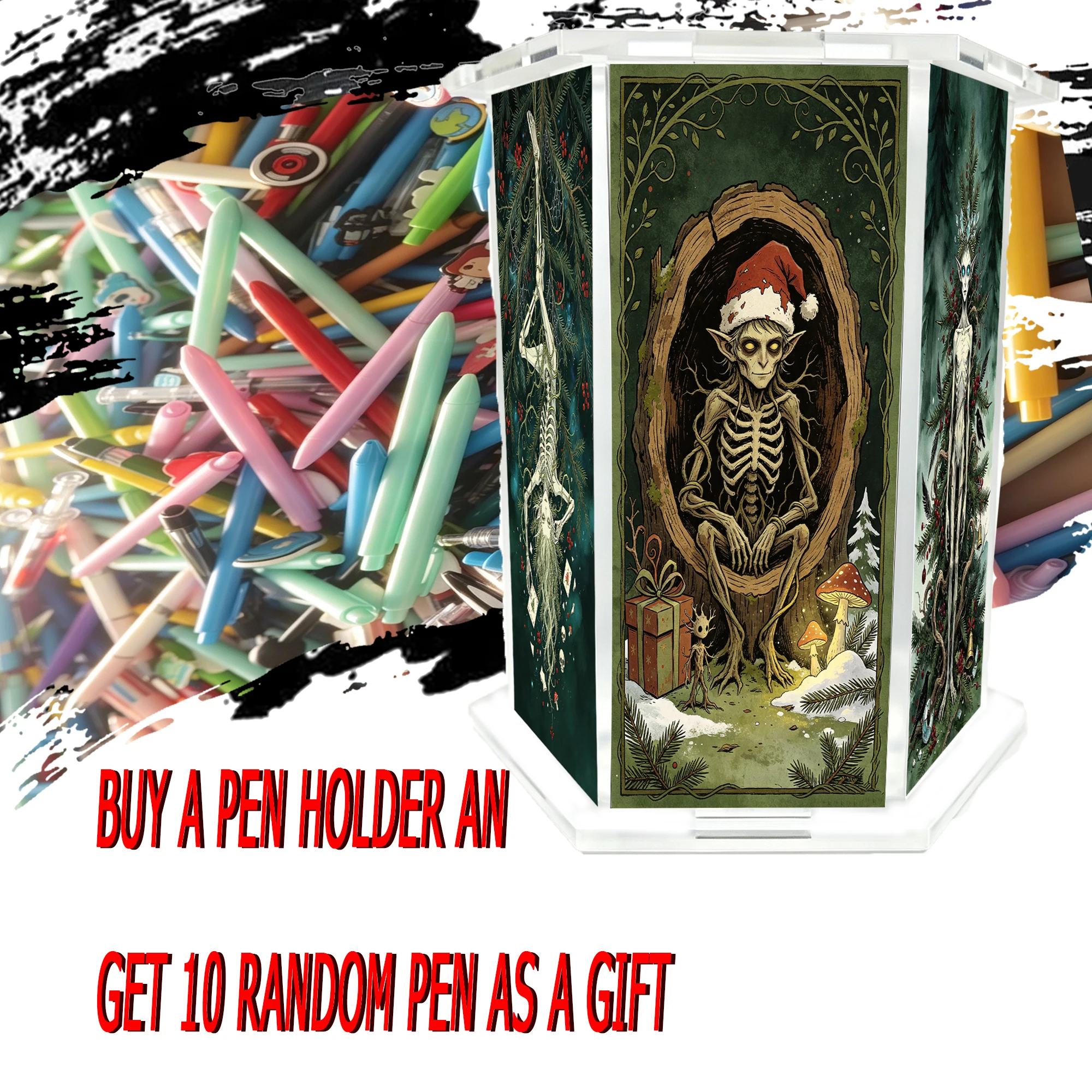11PCS (1pc pen holder +10pcs random ballpoint pen) Christmas skull elf hexagonal acrylic pen holder desktop storage