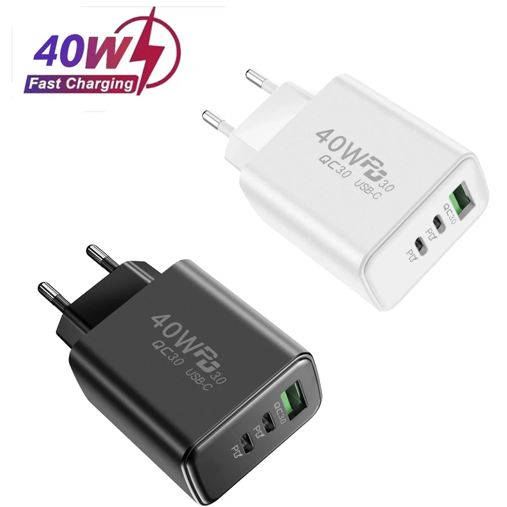 PD 40W 3-Port Schnell-USB-Ladegerät USB-C Telefonladegerät EU/US-Stecker Wandladegerät Adapter für iPhone 14 13 Xiaomi Huawei Samsung
