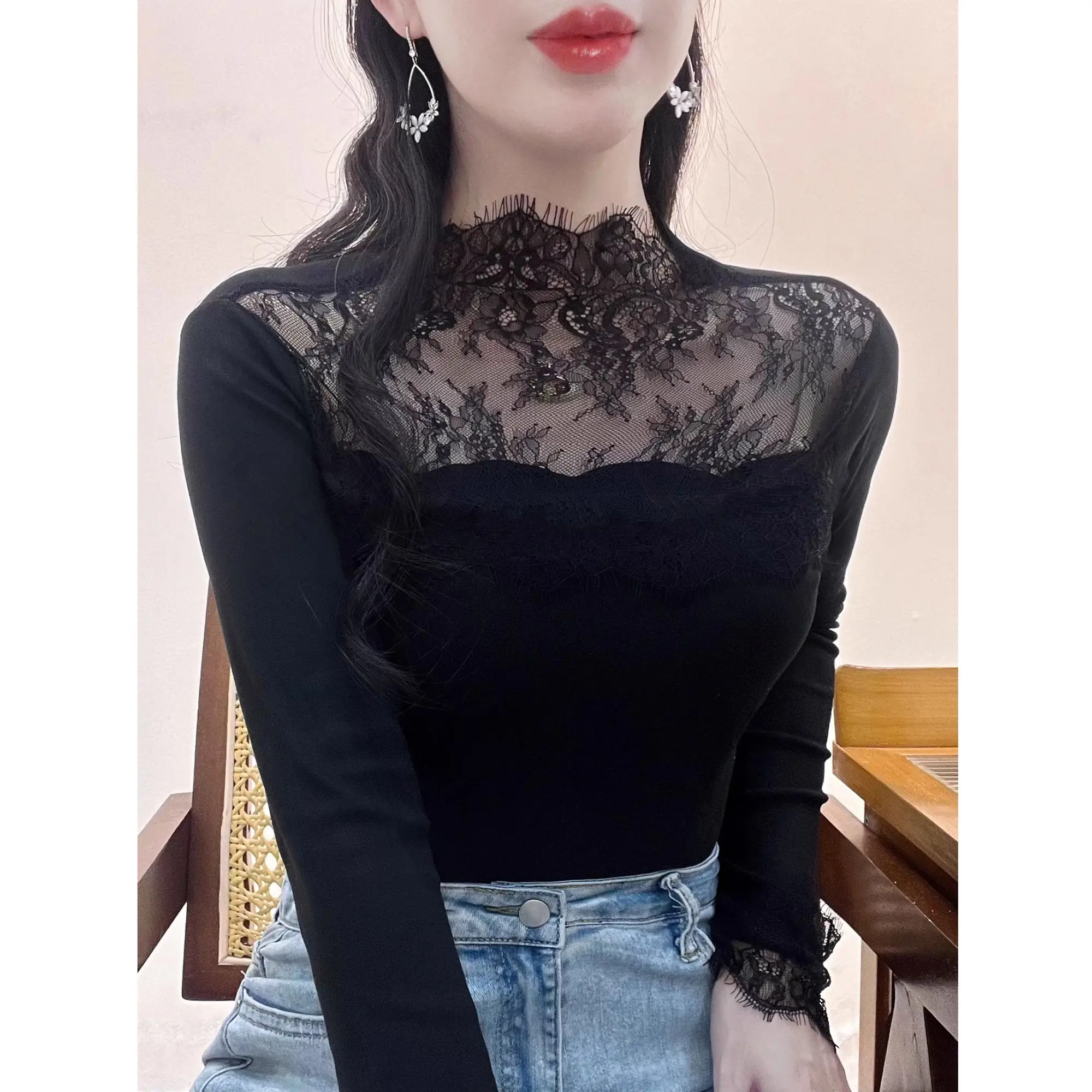 Women's Thermal Cashmere Base Shirt 2025 New Style Super Soft Half High Collar Lace Splice Slim Fit Inner Wear Winter Top
