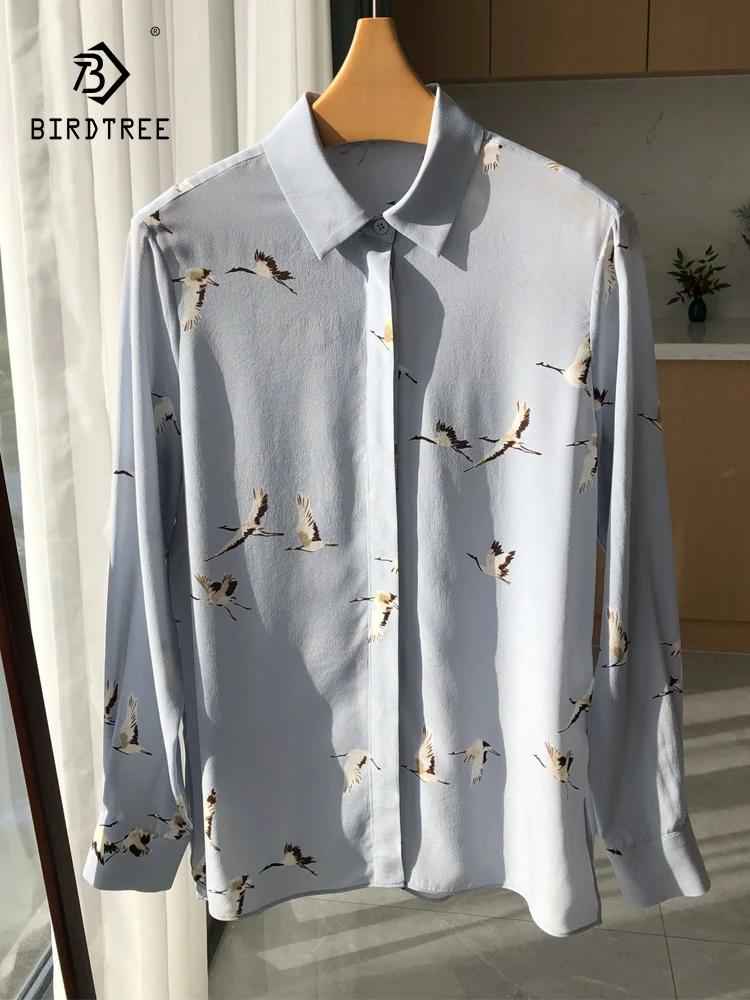 

BirdTree-17 MM 100% Silk Elegant Shirt, Long Sleeve Retro Print, Women Temperament Commute Loose Blouse, 2025 Autumn T59259CC