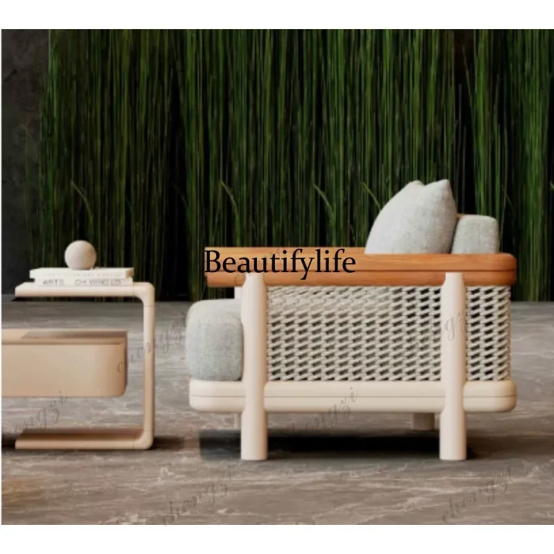 A4567 Outdoor teak sofa courtyard rain and sun protection solid wood rattan furniture leisure garden villa open-air hotel combin
