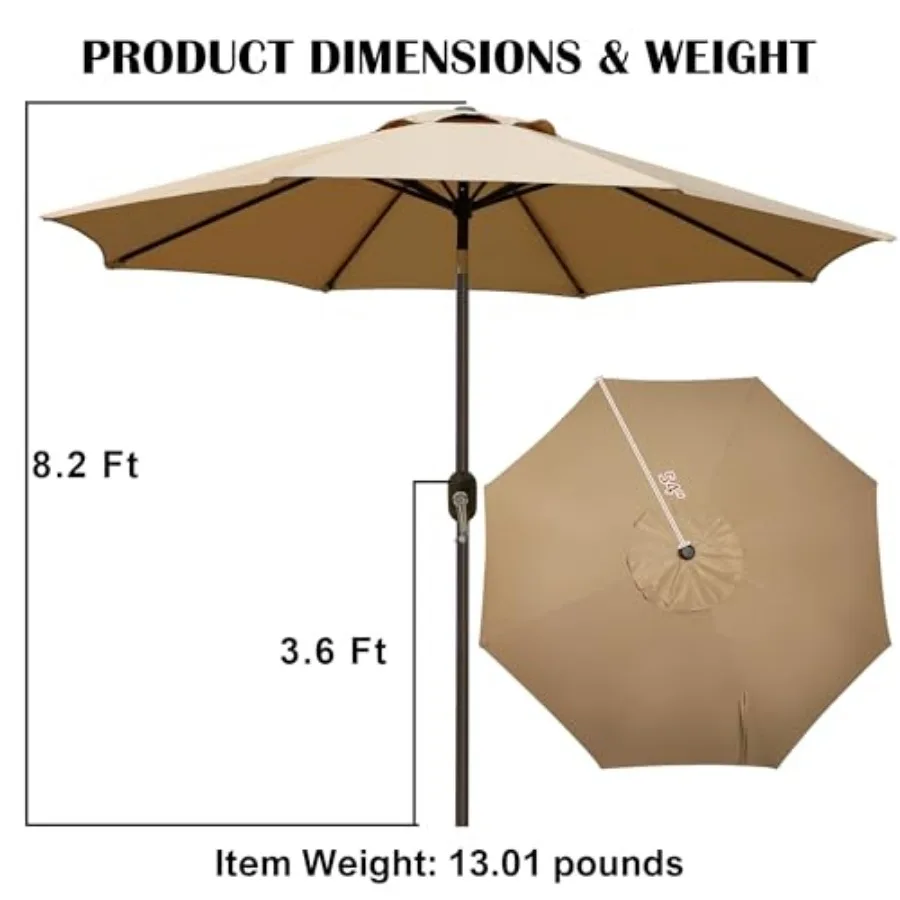 9' Outdoor Patio Umbrella, Outdoor Table Umbrella, Yard Umbrella, Market Umbrella with 8 Sturdy Ribs, Push Button Tilt and Cran