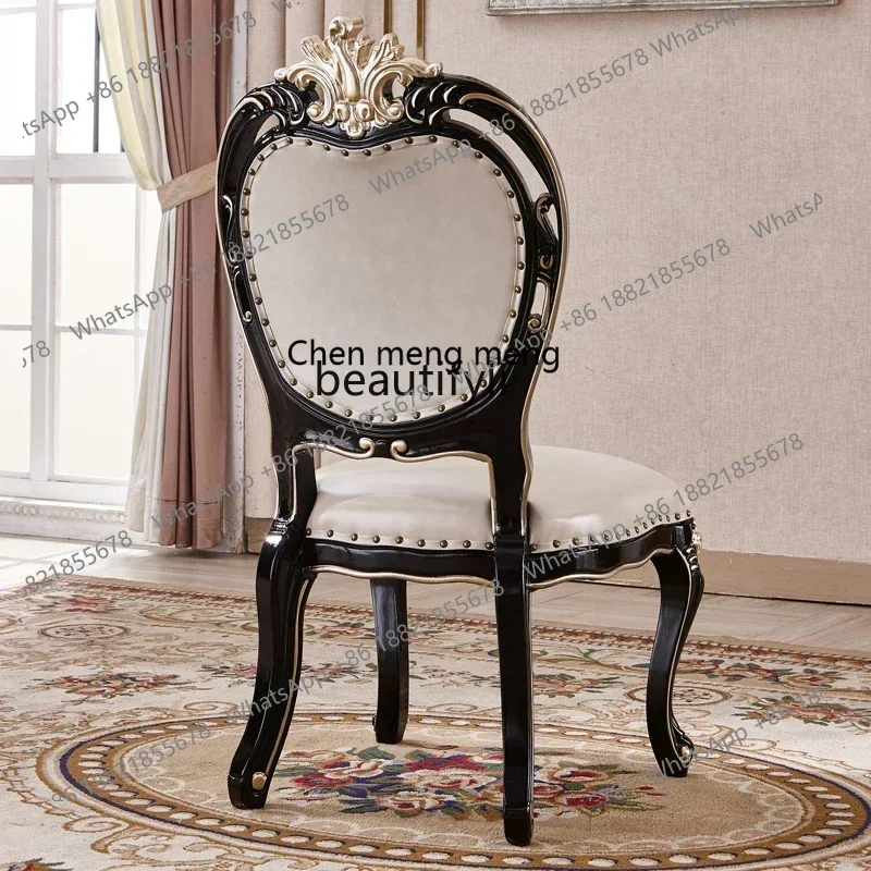 32European dining chair all solid wood double-sided carved dining chair dining room study first layer cowhide back chair