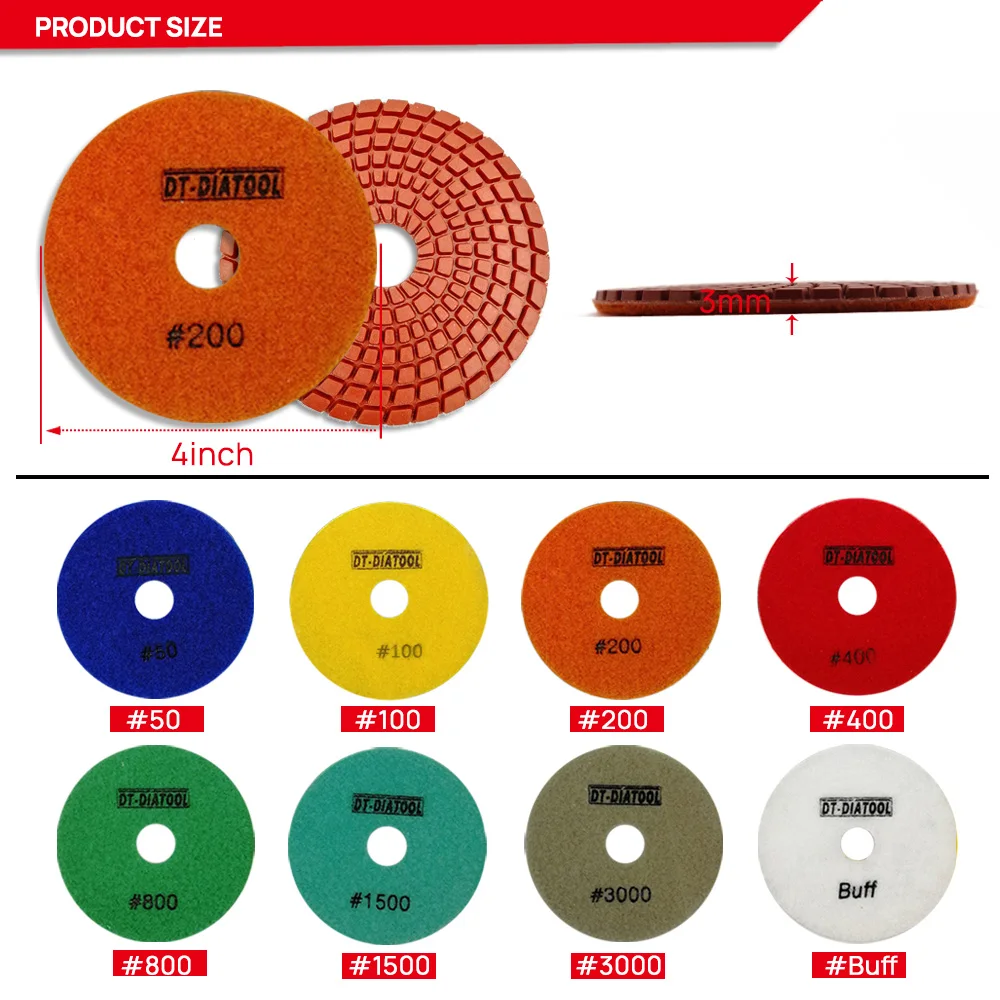 DT-DIATOOL 7pcs Dia 100mm/4inch Mixed Grit Diamond Flexible Wet Polish Polishing Pads For Granite Marble Stone Sanding Disc