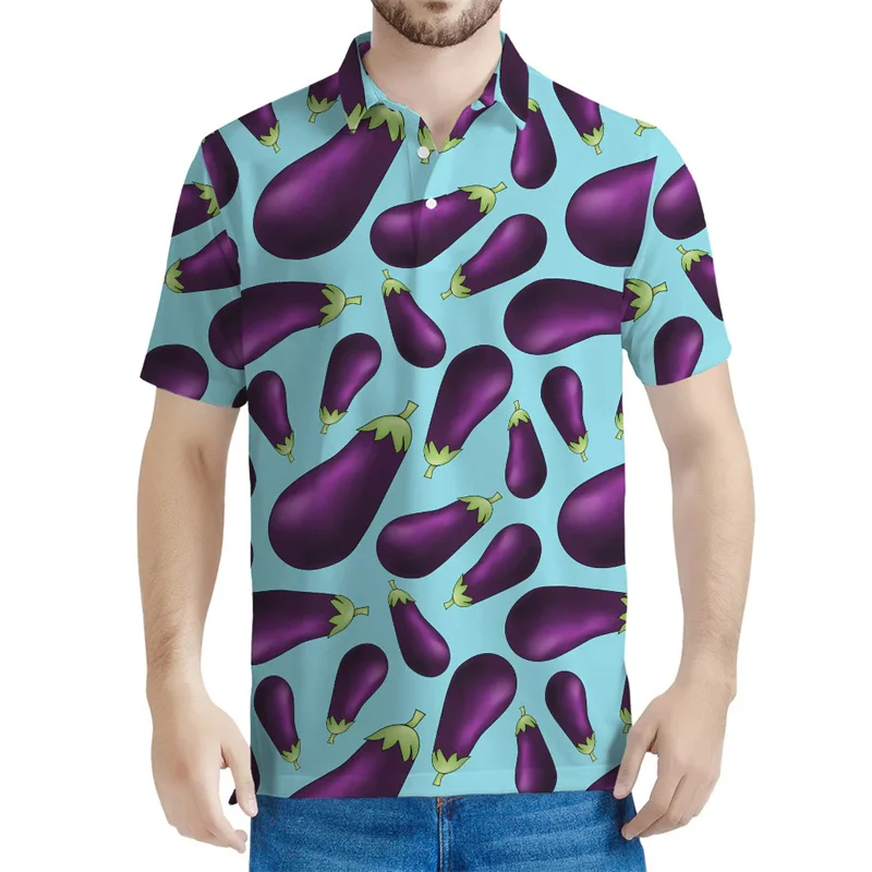 Fashion 3D Printed Eggplant Polo Shirt Men Vegetable Graphic Tees Streetwear Lapel Short Sleeve Tops Casual Oversized T-shirt