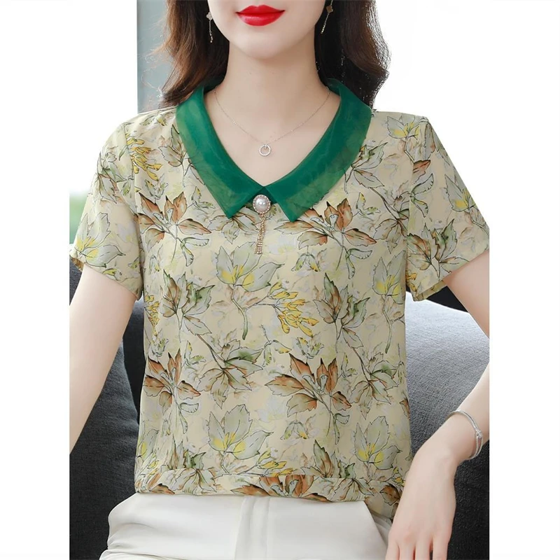 Blusa feminina com estampa floral frisada, camisa elegante de manga curta, blusa feminina solta chique, moda casual, verão, nova, 2024