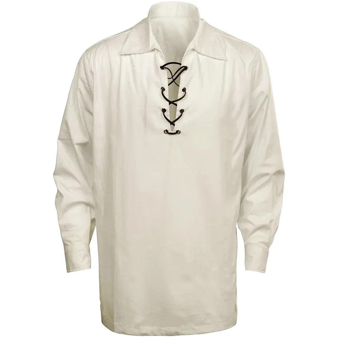 

Lapel Long-sleeved Men's Shirt Simple Casual Top Shirts Lace Up Neck Solid Color Medival