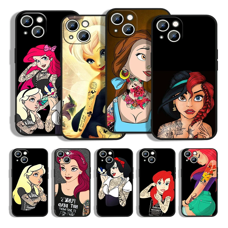 

Disney Princess Tattoo For Apple iPhone 13 12 11 Pro Max mini XS XR X 8 7 6S 6 Plus Black Silicone Soft Phone Case Coque