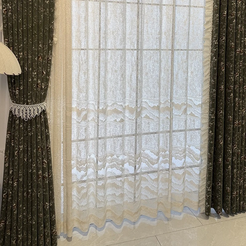 New Beige Heat Insulation Sunscreen Gauze Bedroom Living Room French Window New Chinese Landscape National Style Window Gauze