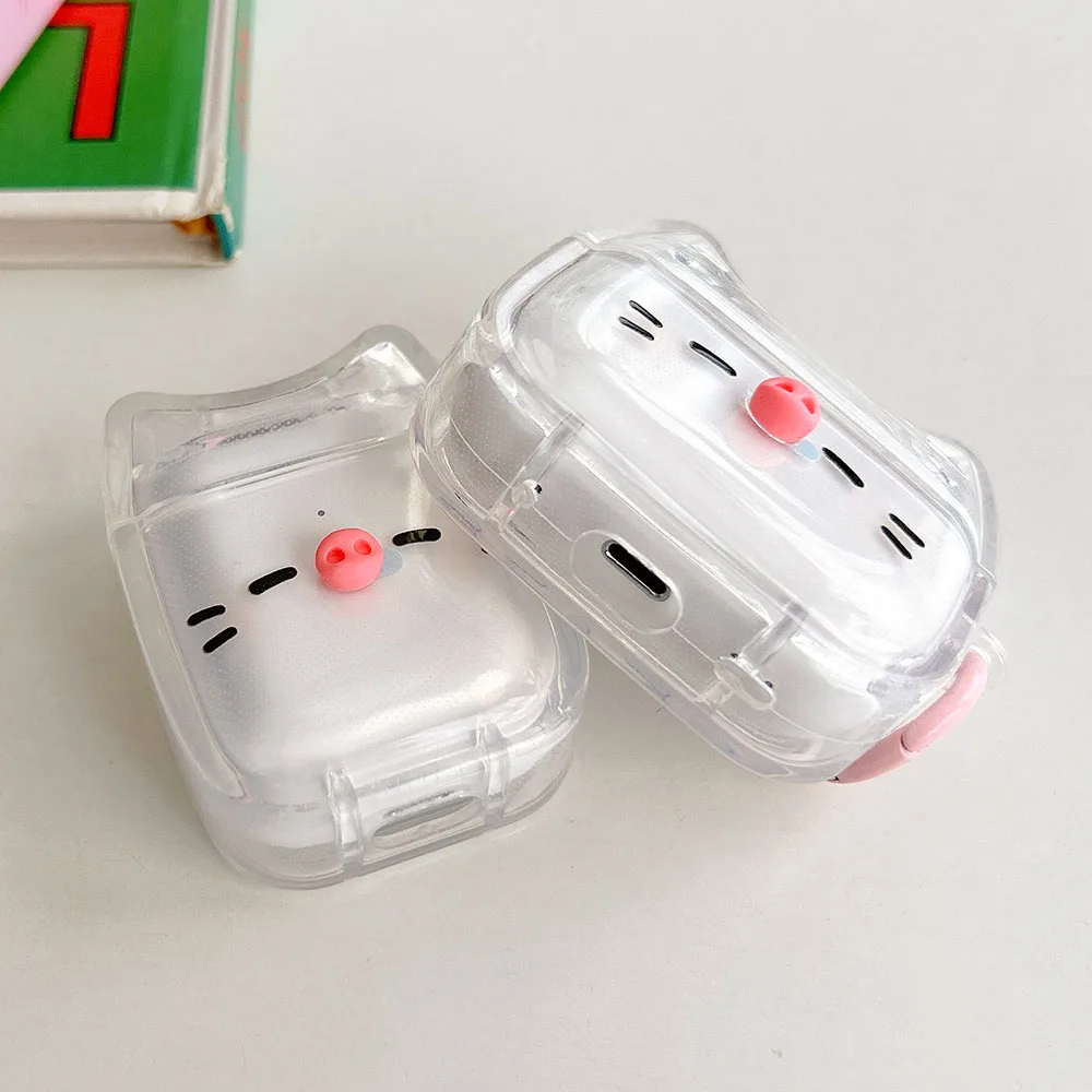 Lovely Pig Earphone Cases For Apple Airpods 4 Pro 2nd Transparent Headphone Shockproof Cover For Airpod 1 2 3 Coque With Keyring