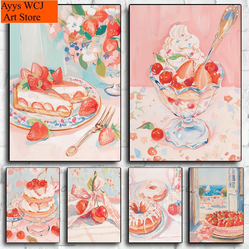 1 pieza de lienzo sin marco con impresión de pastel, panadería, cereza, fresa, donut, acuarela, desayuno, póster, arte de pared, imágenes en lienzo