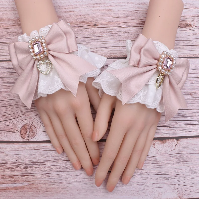 

Sweet and Cute Cotton Embroidered Lace Sleeves Bow Rhinestone Lolita Hand Sleeves for Women