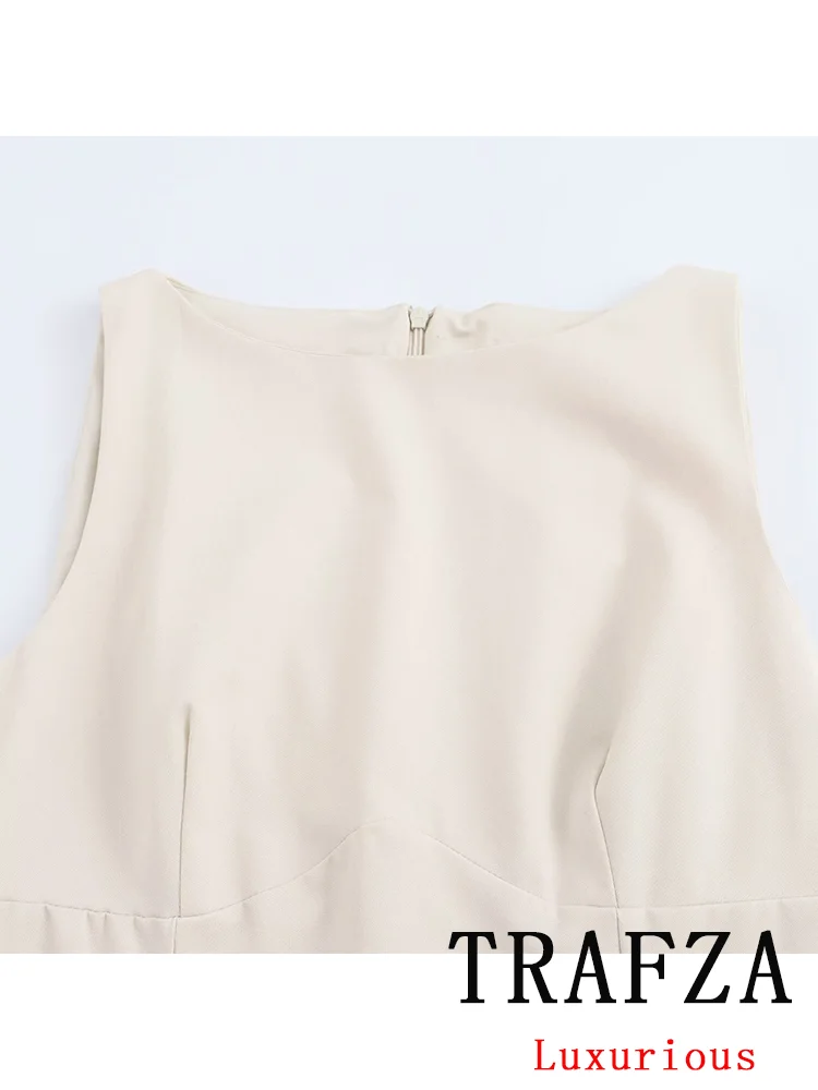 TRAFZA Vintage Casual Chic Solid Women Dress Bow O-Neck Sleeveless Ruffles Mini Dress New Fashion 2024 Autumn Dress