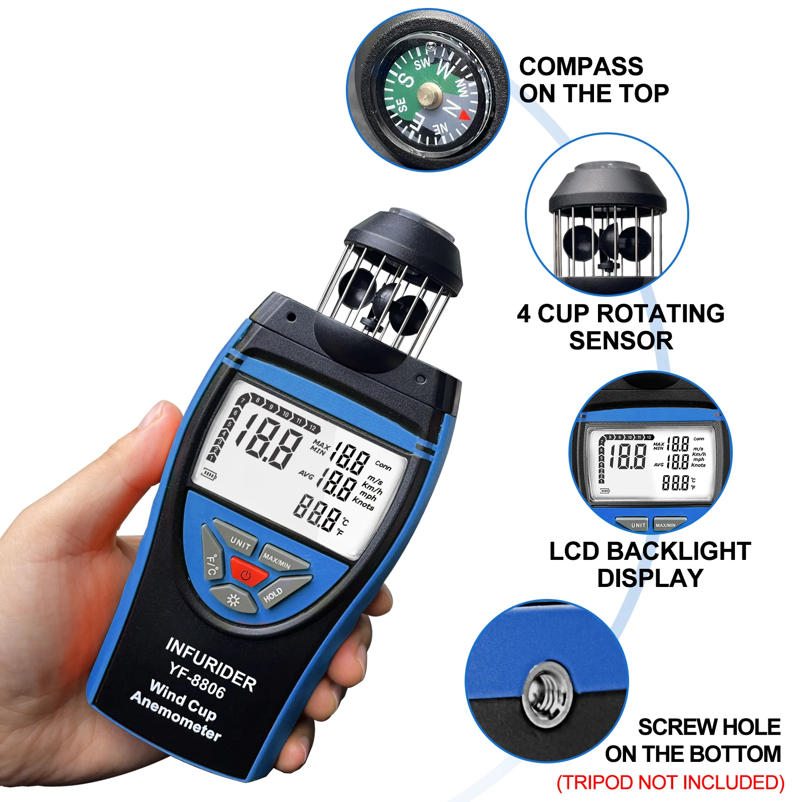 3-in-1 Wind Speed Anemometer 0.8-150km/h, High-Precision Wind Temp/AVG Meter with Compass & Data Logging, IP65 Industrial Wind