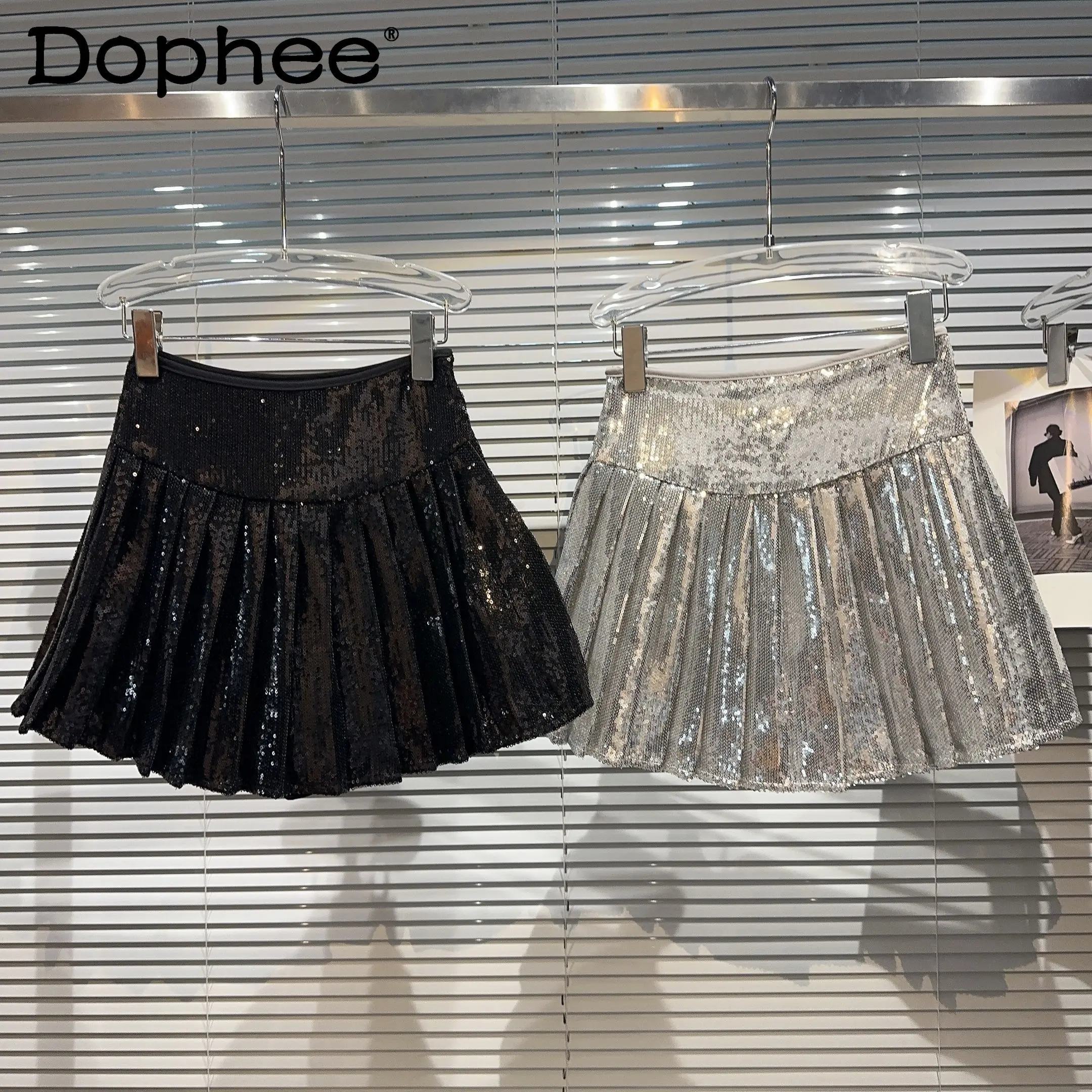 

Hot Girl Full Sequins Shiny A- Line Skirt Women 2024 Summer New Pleated Skirt Korean Style Female Black Skirt Mini Skirts