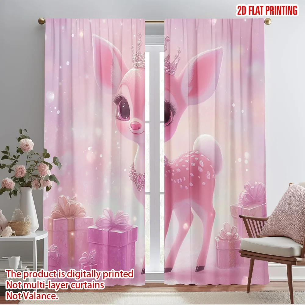 2pcs,2D plane printing Curtains Digital Printed Cute Deer Princess Crown Gift Polyester (without rod) Room Decor for Living Room
