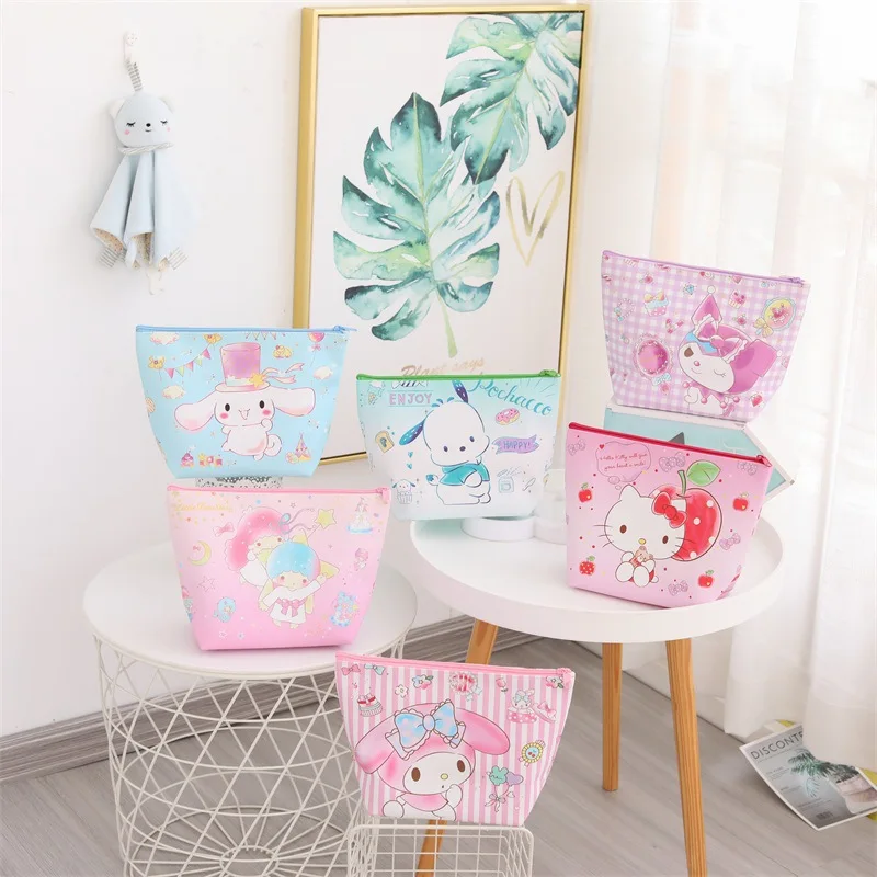 

Hello Kitty Kawaii Make Up Case My Melody Leather Zipper Travel Storage Bag Cartoon Large Capacity Cosmetic Bag Makeup Organizer